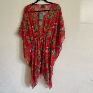 Sunflower womans Floral Red Sheer Kaftan kimono OS leafy floral summer chic